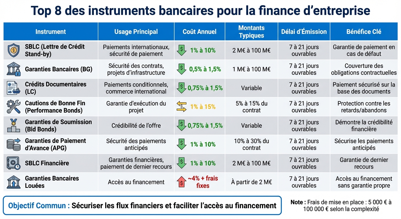 Comparison of 8 Banking Instruments for Corporate Finance: Costs, Usage and Key Features
