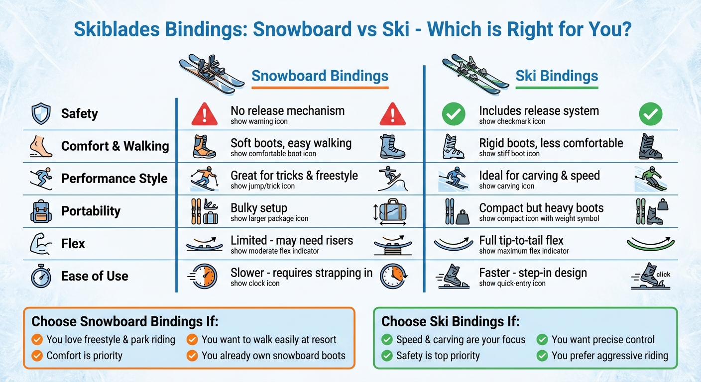 Wiązania snowboardowe vs narciarskie do skiblades: Kompletny wykres porównawczy