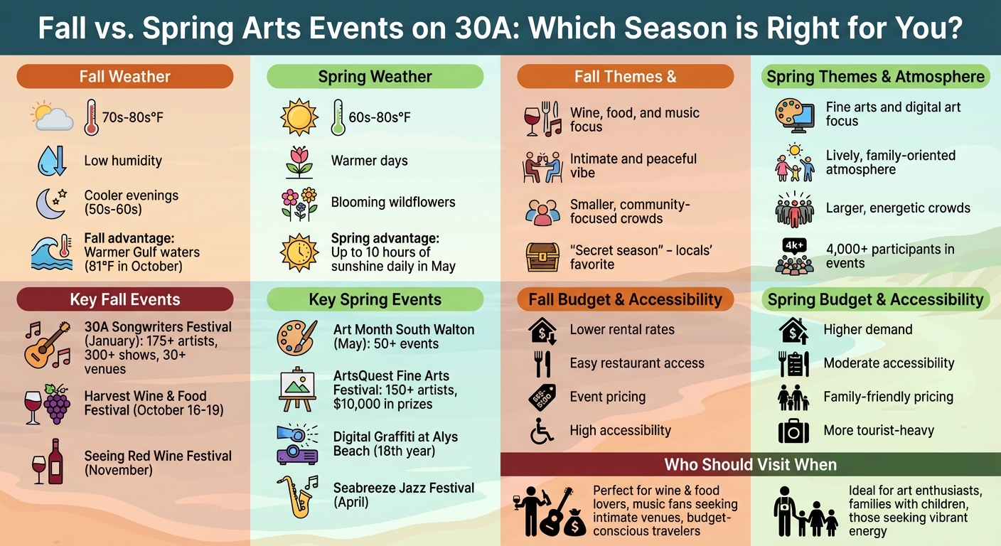 Fall vs Spring Arts Events on 30A: Complete Seasonal Comparison Guide
