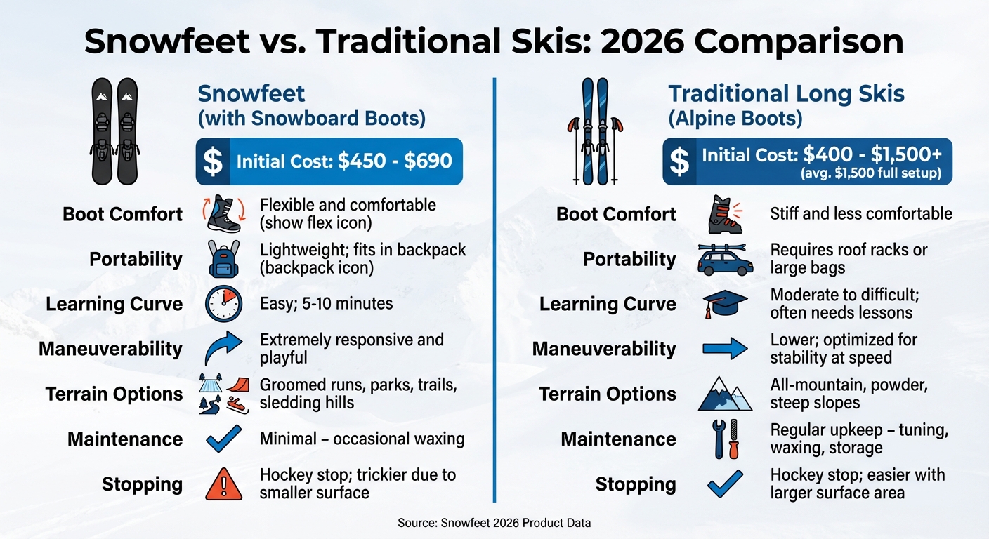 Snowfeet korta skidor vs traditionella skidor jämförelse 2026