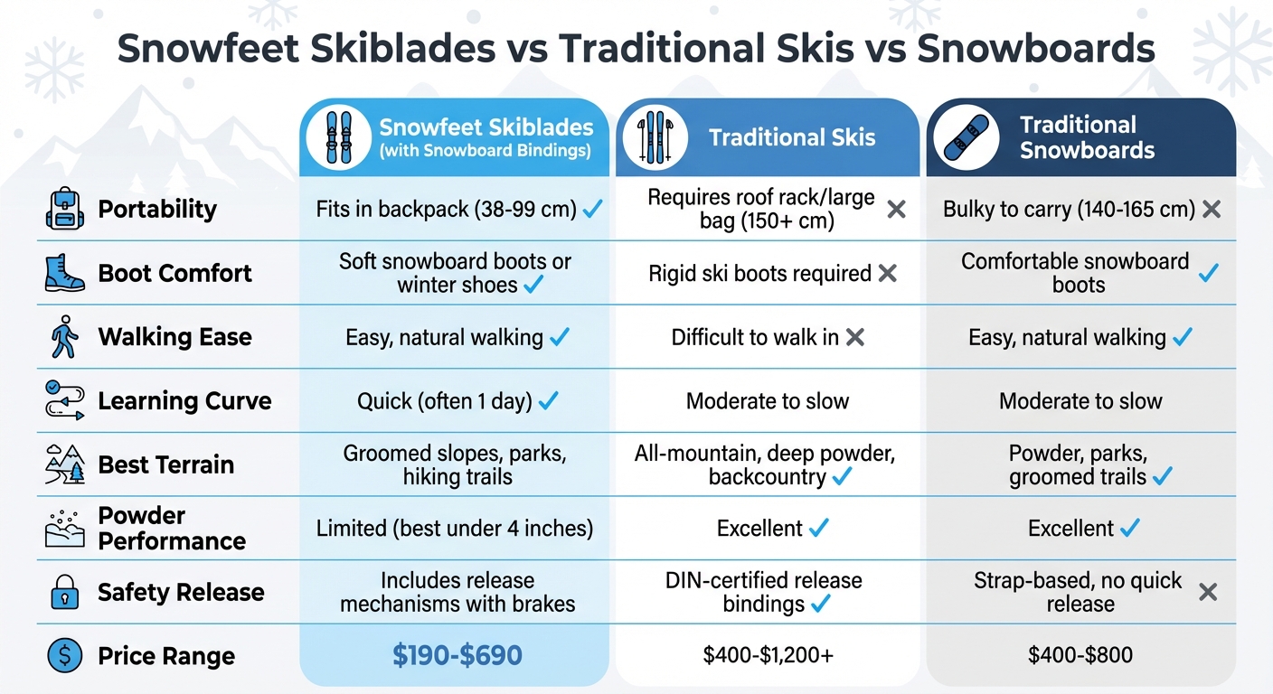 Porovnání Snowfeet Skiblades vs Tradiční lyže vs Snowboardy [2025]