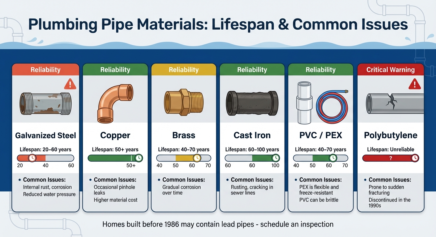 Plumbing Pipe Materials Lifespan and Common Issues Comparison Chart
