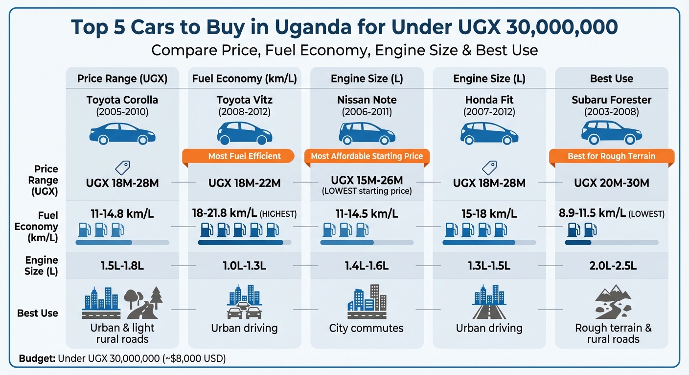Top 5 Cars Under UGX 30M in Uganda: Price, Fuel Economy & Best Use Comparison