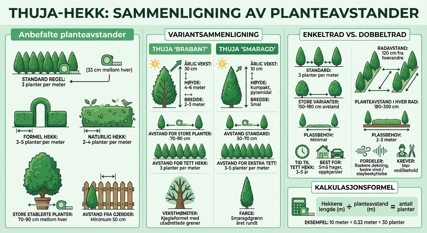 Tujahekk planteavstand guide: Brabant vs Smaragd og enkeltrad vs dobbeltrad