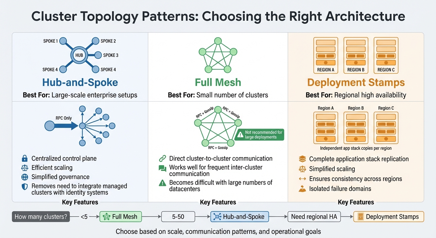 Multi-Cluster Kubernetes Topology Comparison: Hub-and-Spoke vs Full Mesh vs Deployment Stamps