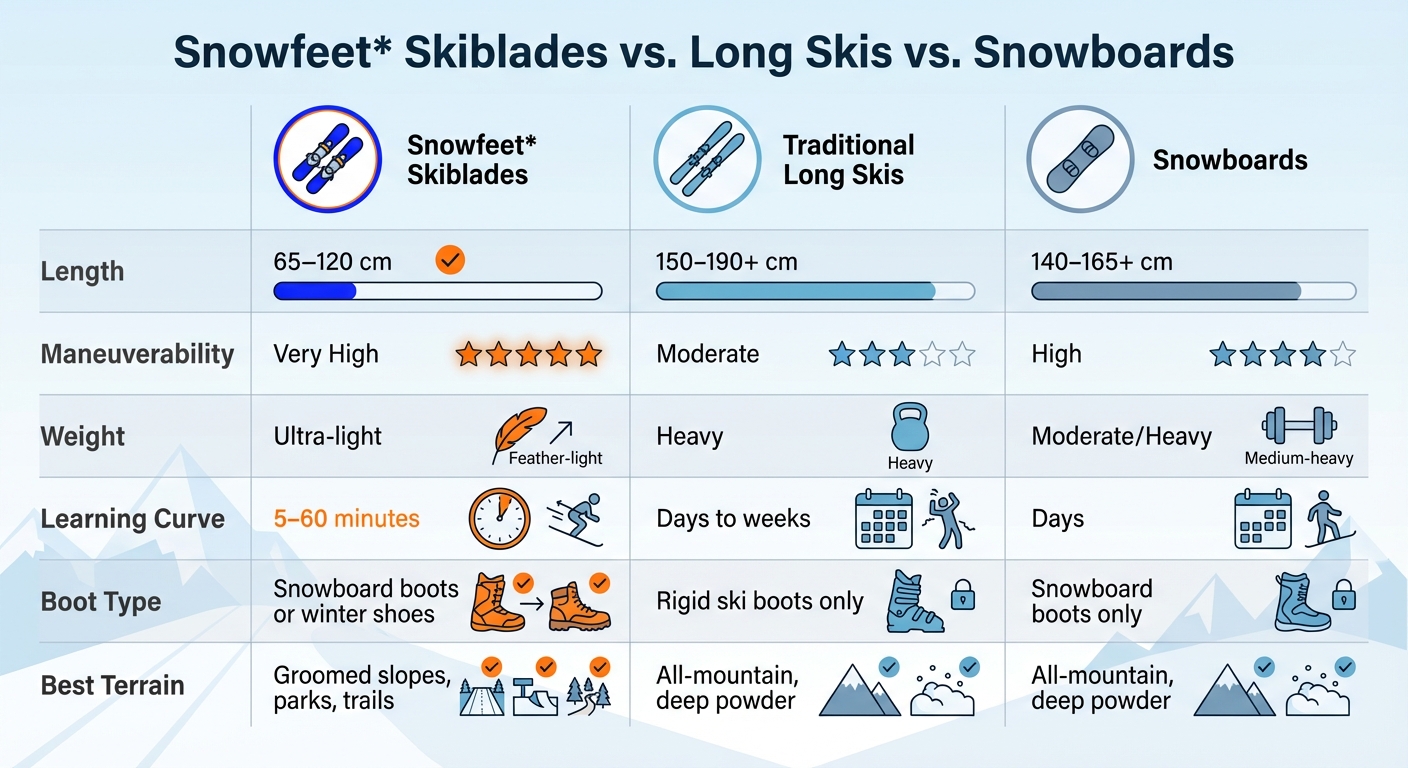 Snowfeet Skiblades 對比傳統長雪板與滑雪板比較表