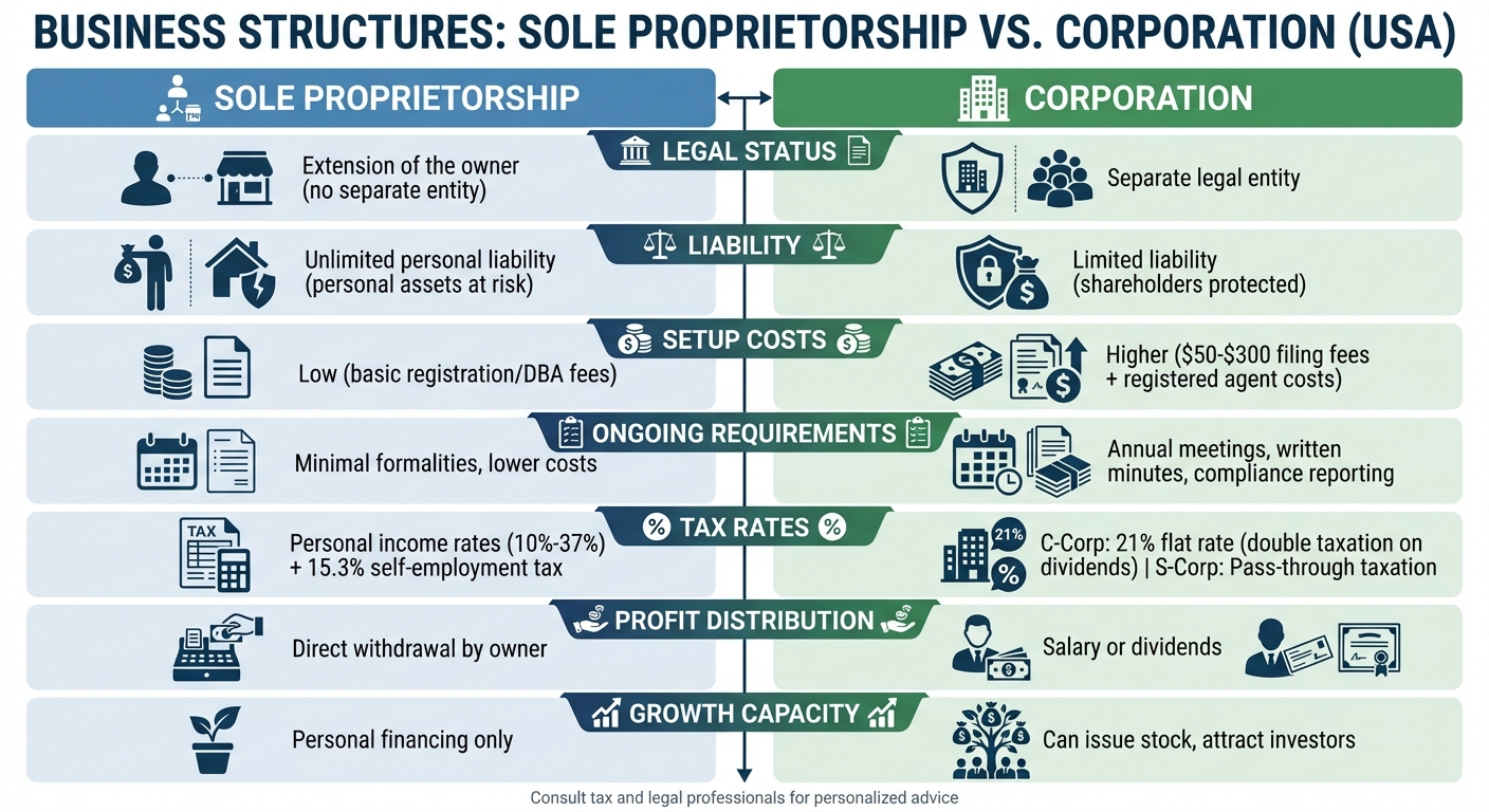 Sole Proprietorship vs Corporation Comparison: Costs, Taxes, and Liability