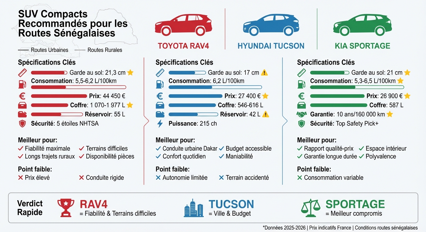 Comparaison des SUV compacts pour routes sénégalaises : RAV4, Tucson et Sportage