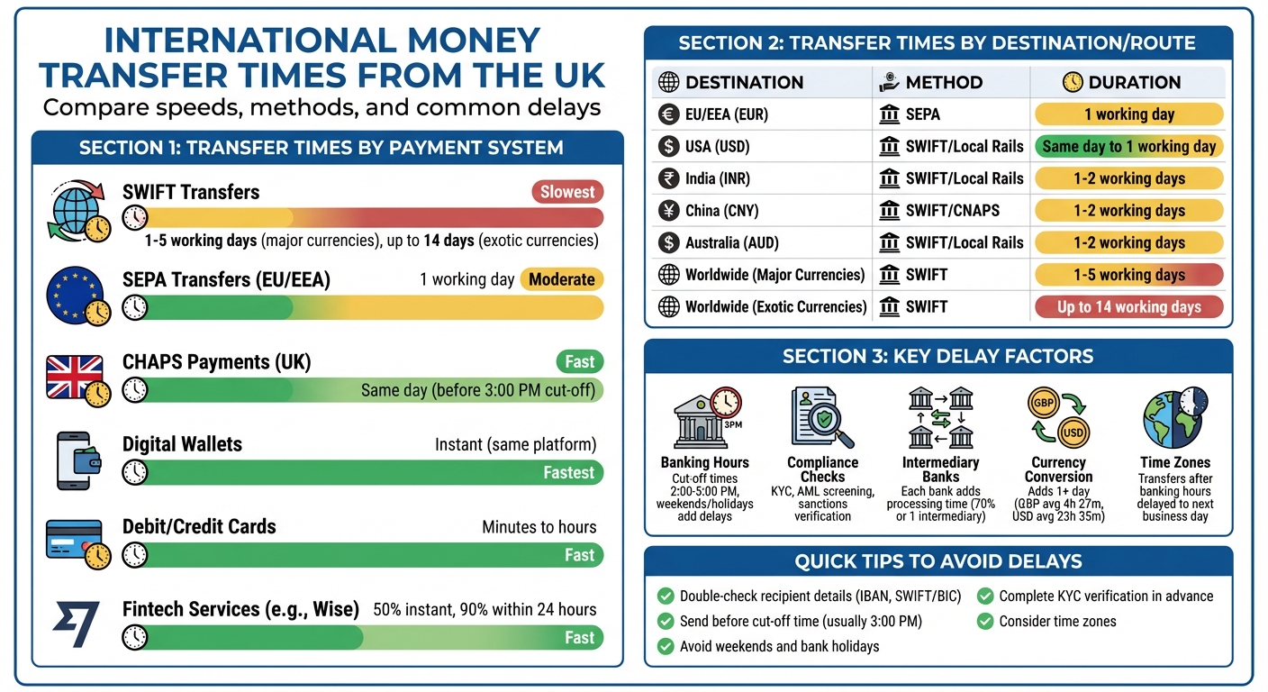 International Money Transfer Times Comparison by Payment Method and Destination