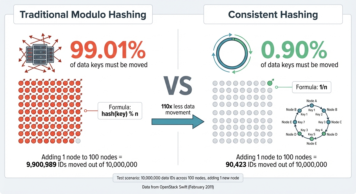 Consistent Hashing vs Traditional Hashing: Data Movement Comparison