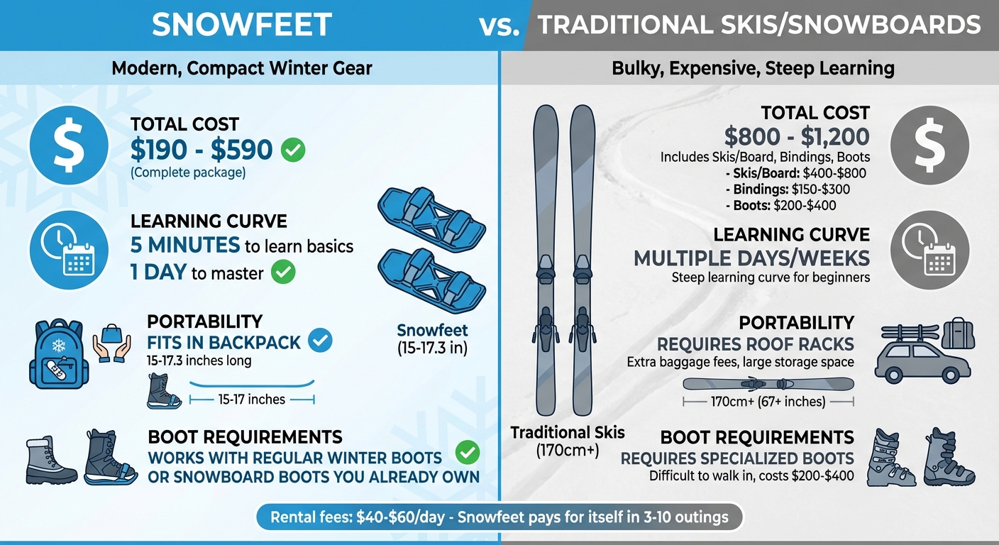 Snowfeetと従来のスキー：コスト、携帯性、学習曲線の比較