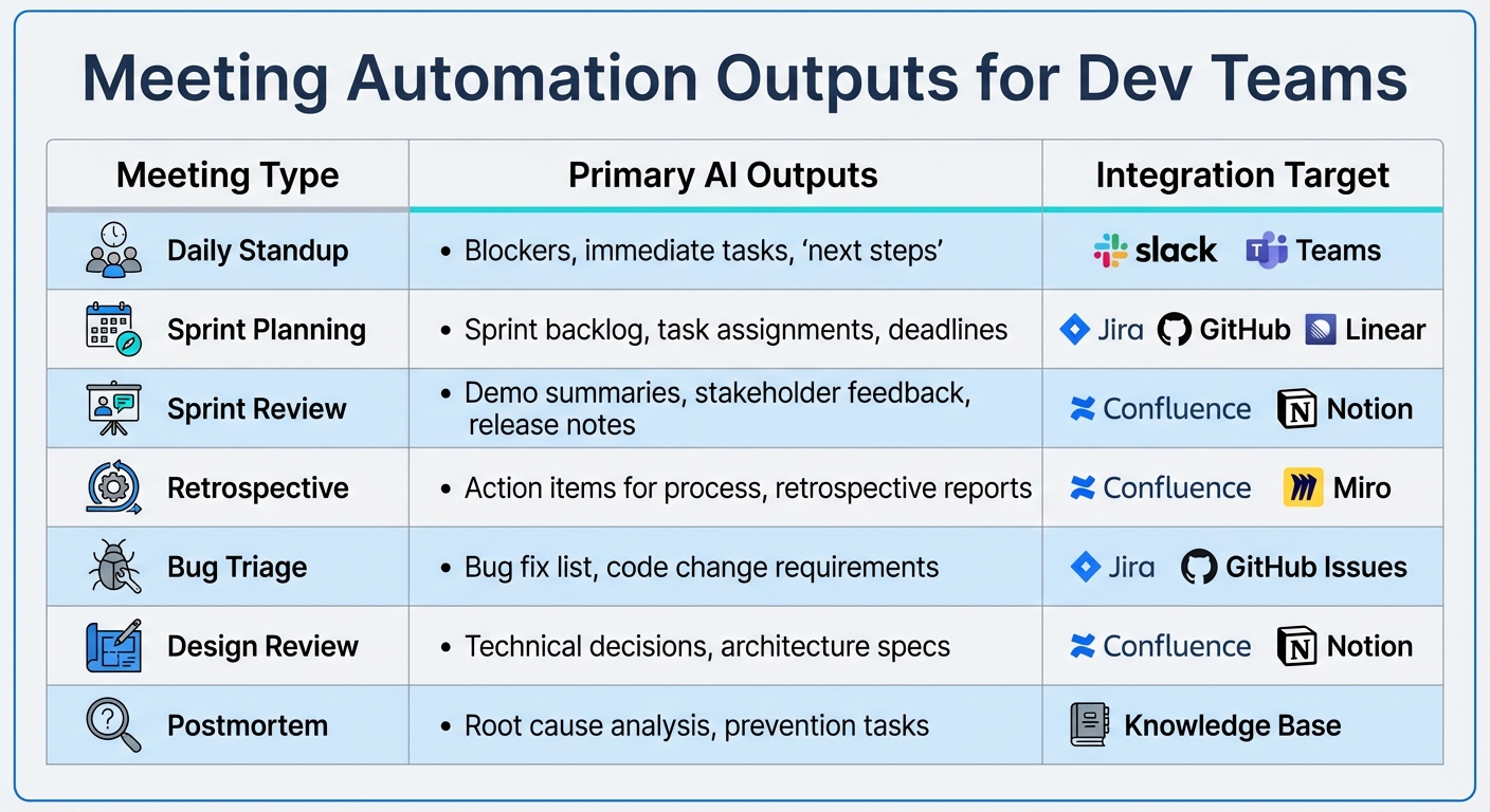 AI Meeting Automation Outputs by Meeting Type for Development Teams