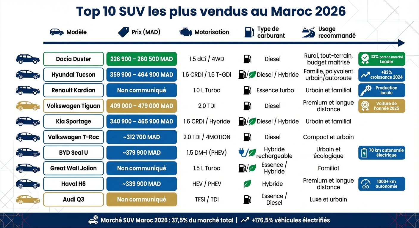 Comparatif des 10 SUV les plus vendus au Maroc 2026 : prix, motorisations et usages