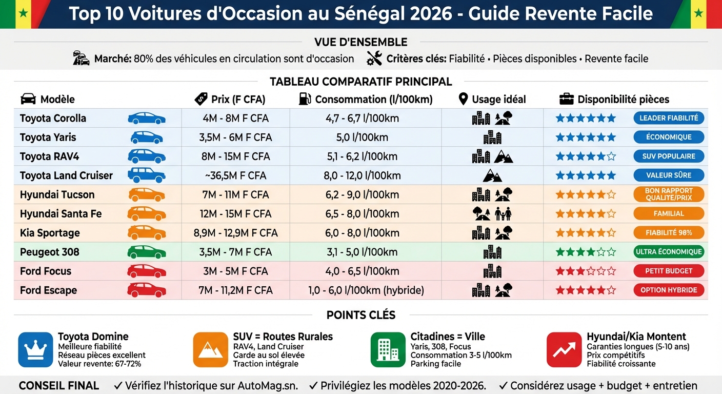 Comparatif des 10 meilleures voitures d'occasion au Sénégal 2026