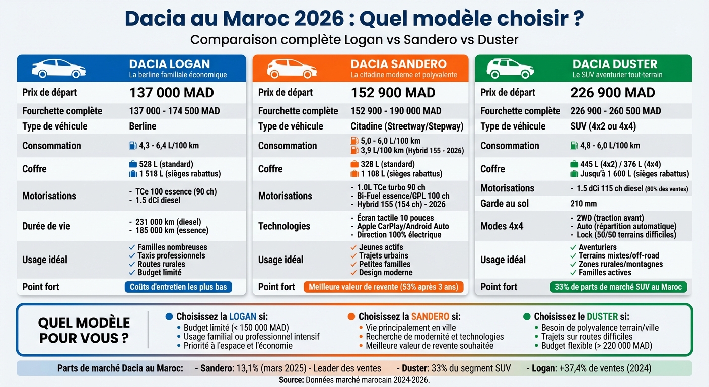 Comparaison Dacia Logan vs Sandero vs Duster 2026 Maroc : prix, consommation et caractéristiques