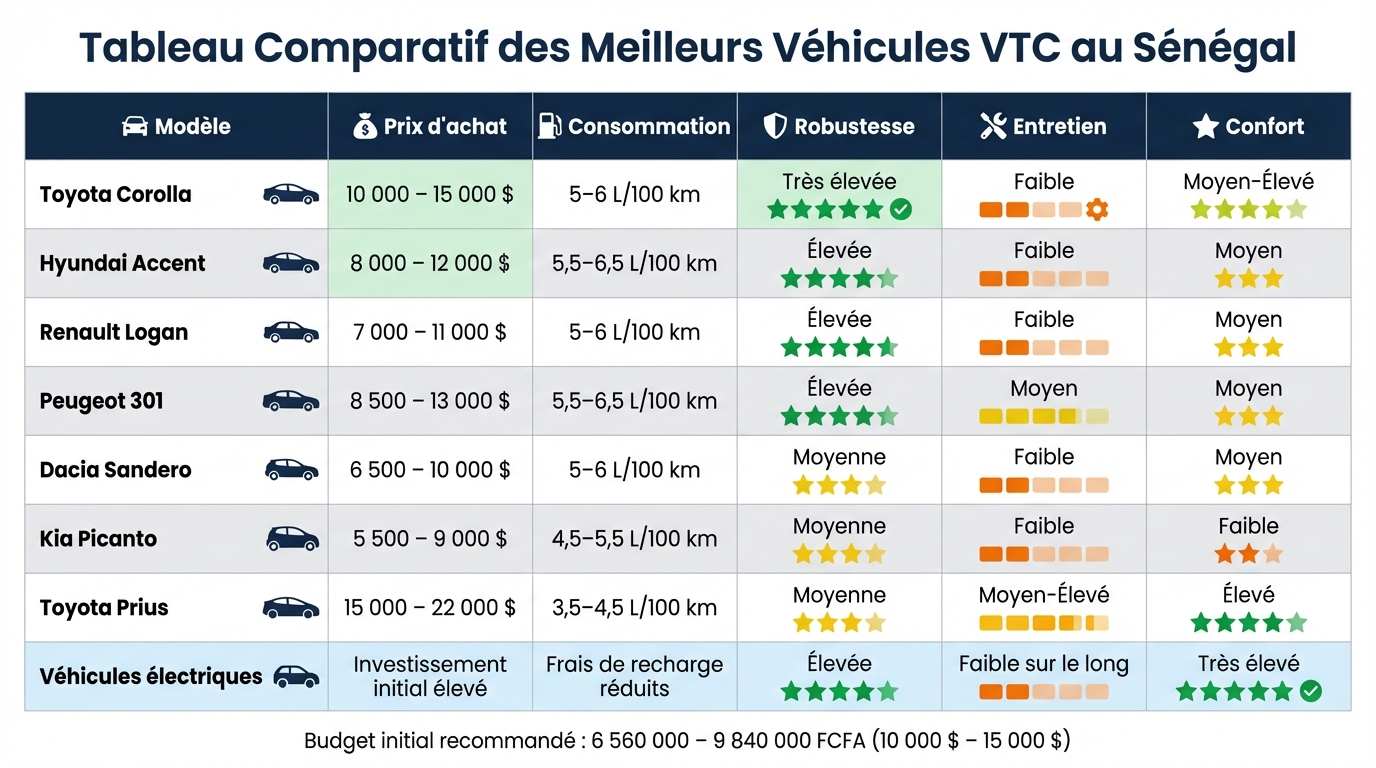 Comparatif des 8 meilleures voitures VTC au Sénégal : prix, consommation et caractéristiques