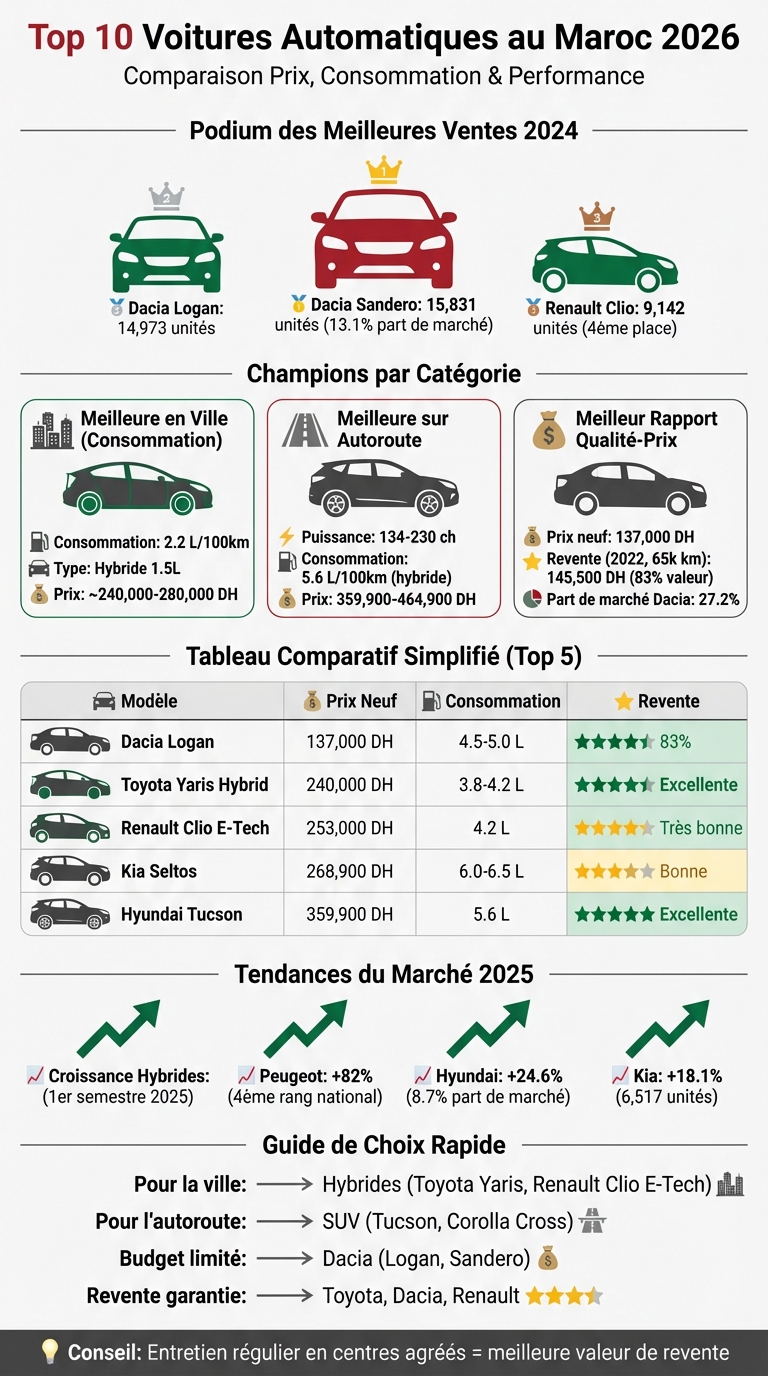 Comparatif des 10 meilleures voitures automatiques au Maroc 2026 : prix, consommation et performances