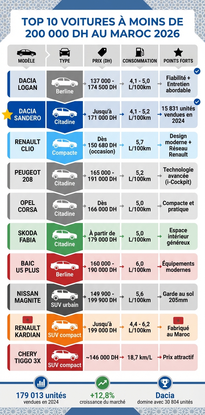 Comparatif des 10 meilleures voitures à moins de 200 000 DH au Maroc 2026