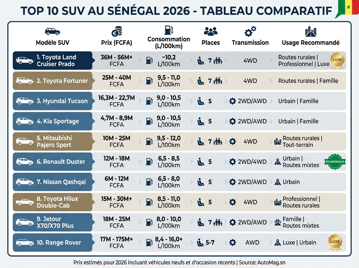 Comparatif des 10 meilleurs SUV au Sénégal 2026 : prix, consommation et caractéristiques