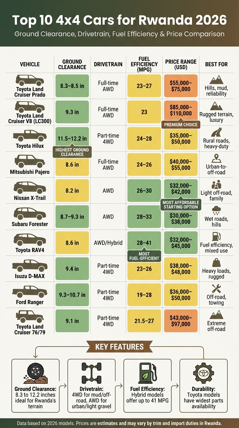 Top 10 4x4 Cars for Rwanda 2026: Ground Clearance, Fuel Efficiency & Price Comparison