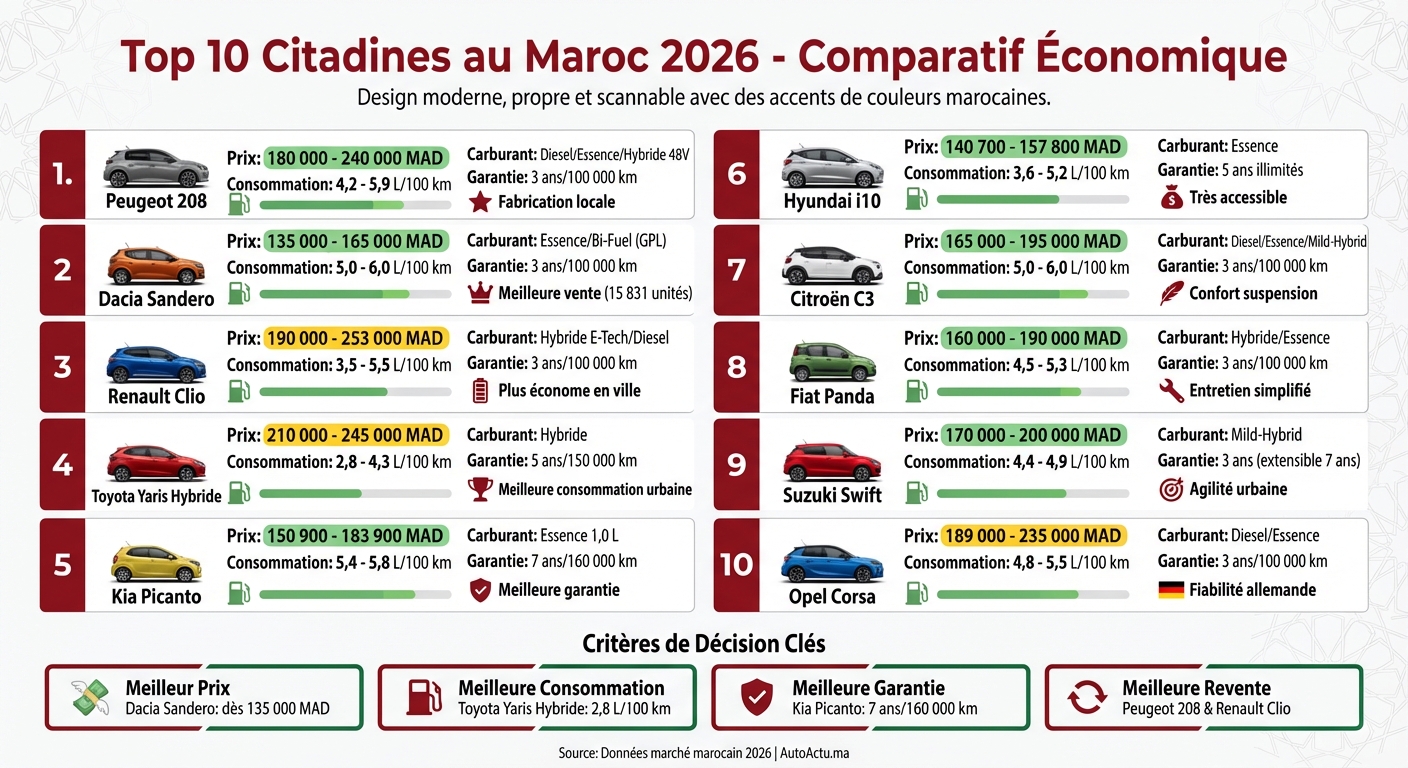 Comparatif des 10 citadines les plus économiques au Maroc 2026