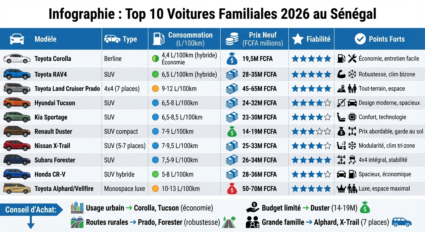 Comparatif des 10 meilleures voitures familiales au Sénégal 2026 : prix, consommation et fiabilité