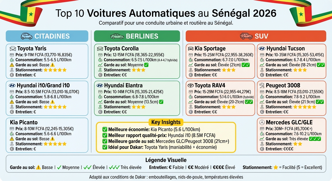 Comparatif des 10 meilleures voitures automatiques à Dakar 2026 : prix, consommation et caractéristiques