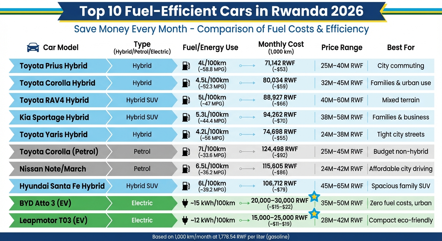Top 10 Fuel-Efficient Cars in Rwanda 2026: Cost & Efficiency Comparison
