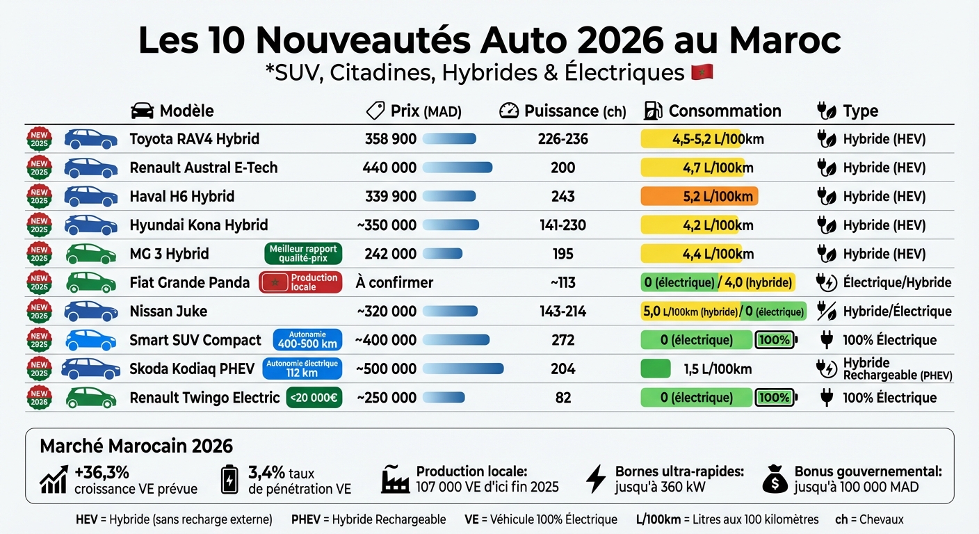Comparatif des 10 nouveautés auto 2026 au Maroc : prix, puissance et consommation