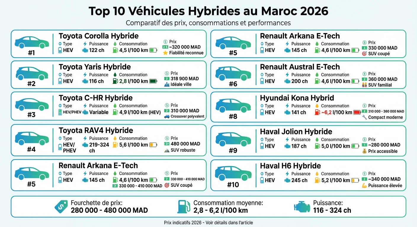 Comparatif des 10 meilleurs véhicules hybrides au Maroc 2026 : prix, consommation et performances
