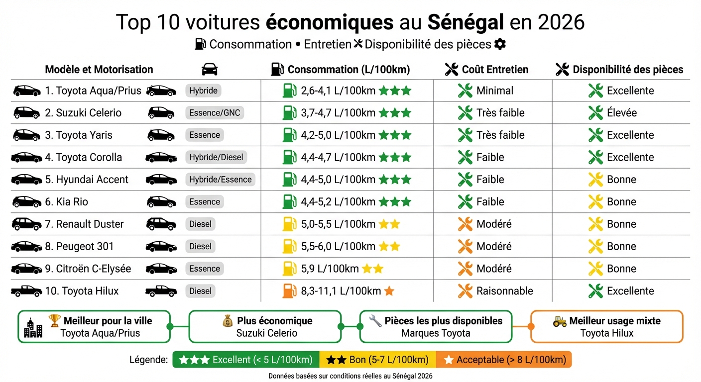 Comparatif des 10 voitures les plus économiques au Sénégal 2026