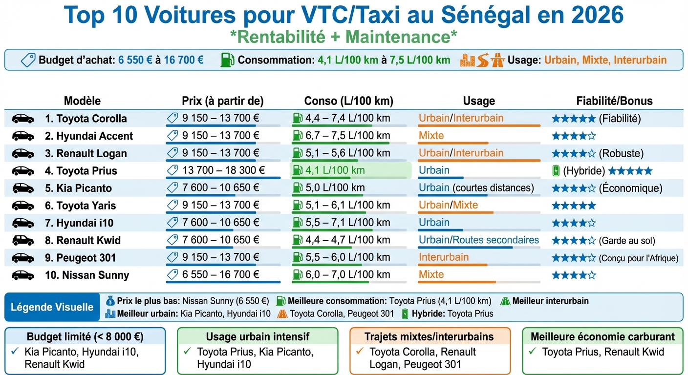 Comparatif des 10 meilleures voitures VTC/Taxi au Sénégal 2026 : prix, consommation et usage