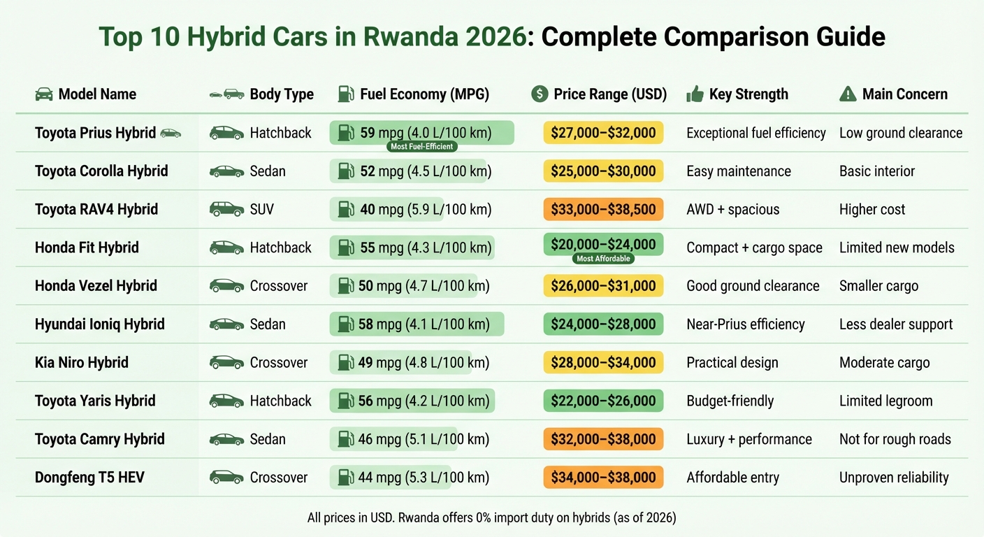 Top 10 Hybrid Cars in Rwanda 2026: Fuel Economy, Price & Features Comparison
