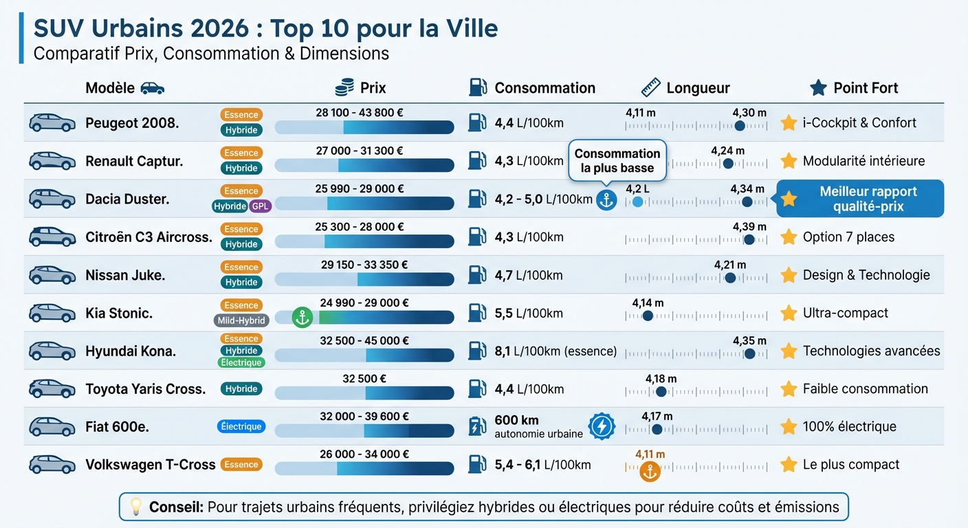 Comparatif des 10 meilleurs SUV urbains 2026 : prix, consommation et dimensions
