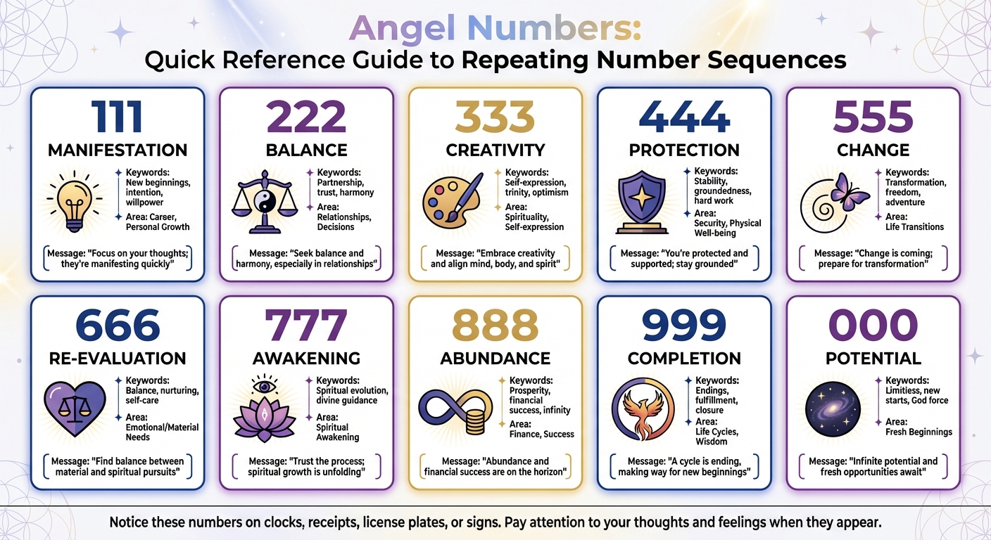 Angel Numbers Guide: Meanings of Repeating Number Sequences 111-000