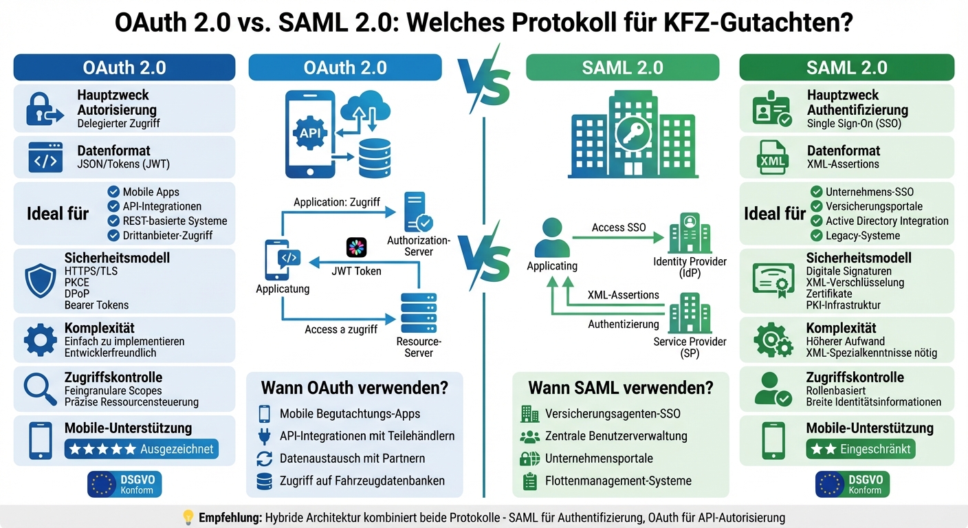 OAuth 2.0 vs SAML 2.0 Vergleich für KFZ-Gutachten-Plattformen