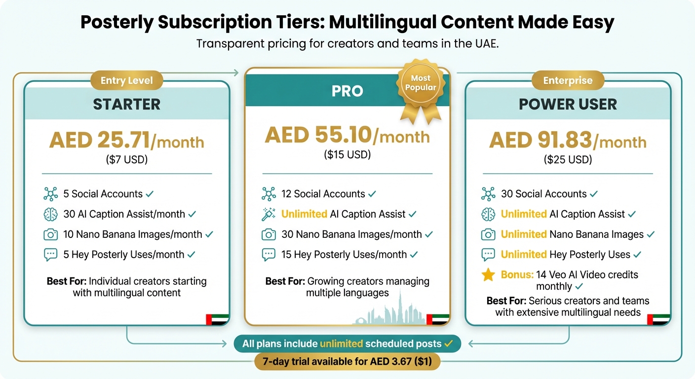 Posterly Pricing Plans Comparison for UAE Multilingual Social Media Management
