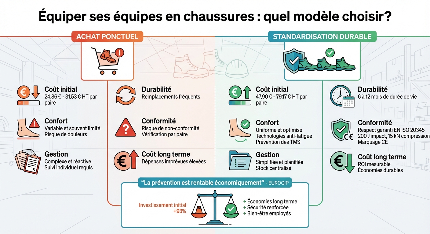 Comparaison achat ponctuel vs standardisation durable pour chaussures professionnelles