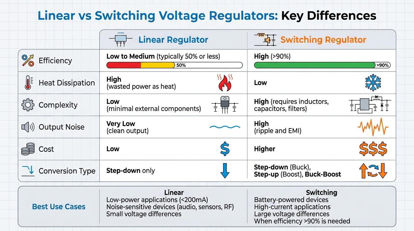 Linear vs Switching Voltage Regulators Comparison Chart