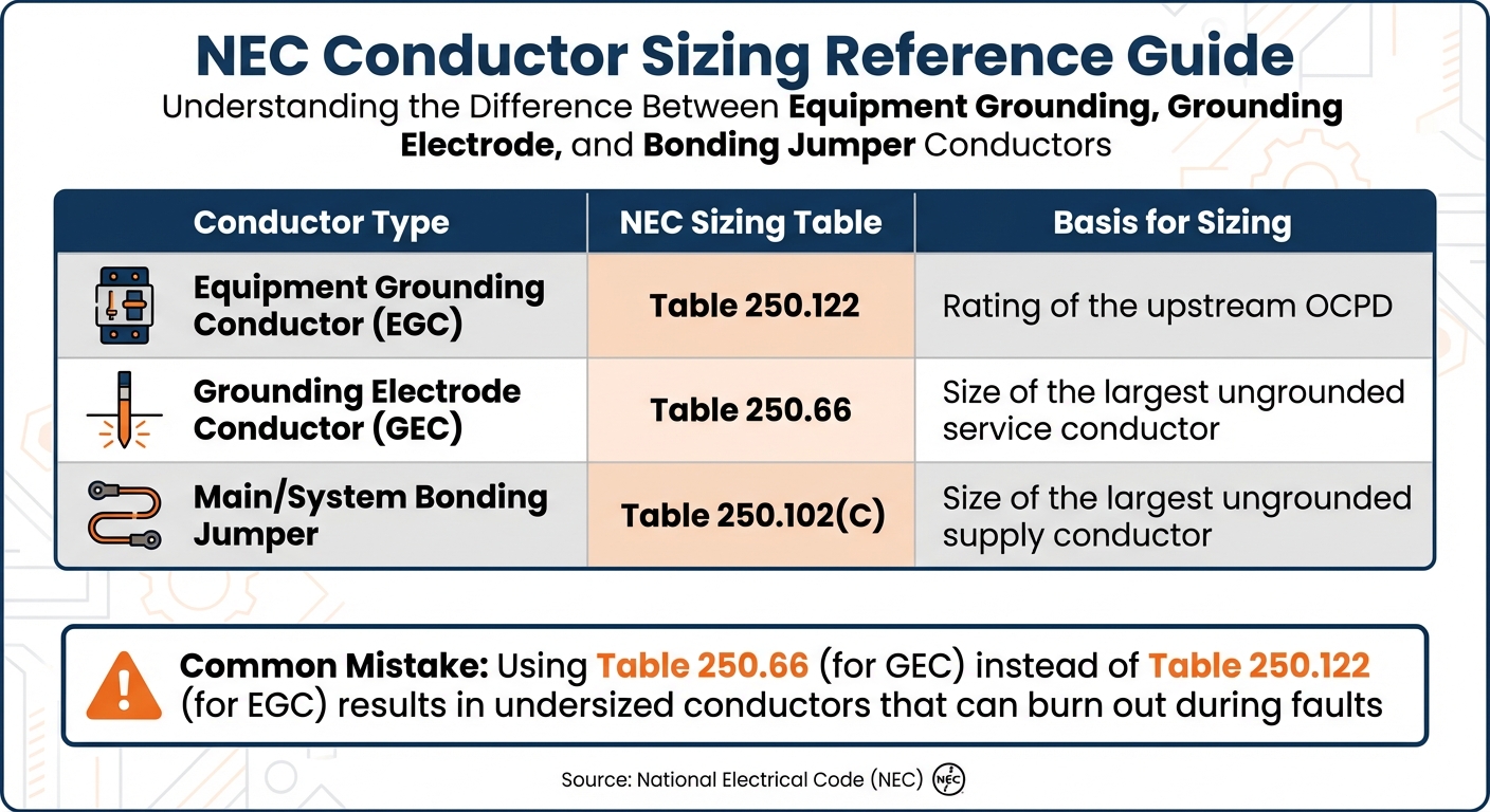 NEC Conductor Sizing Tables: EGC vs GEC vs Bonding Jumper Comparison
