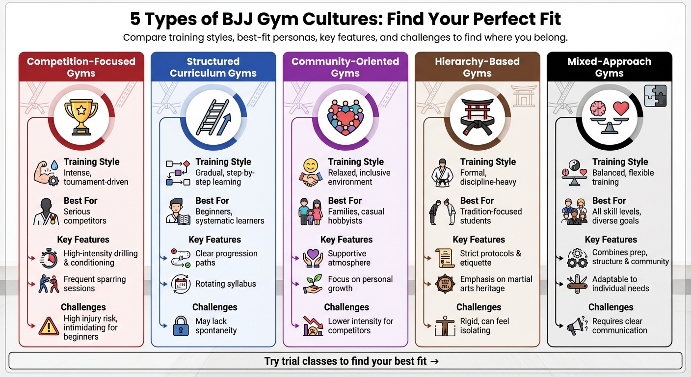 BJJ Gym Types Comparison: Training Styles, Best Fit, and Key Challenges