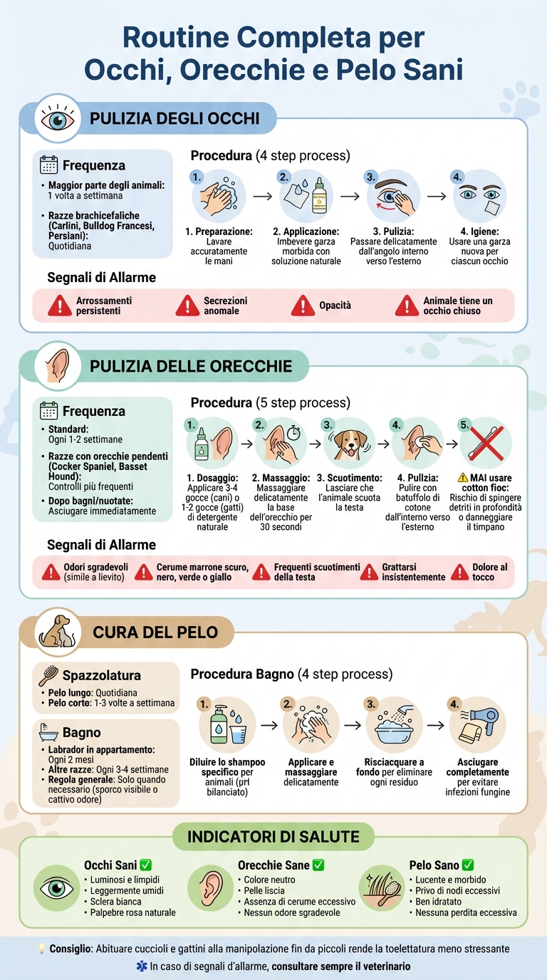 Routine settimanale completa per la cura di occhi, orecchie e pelo degli animali domestici