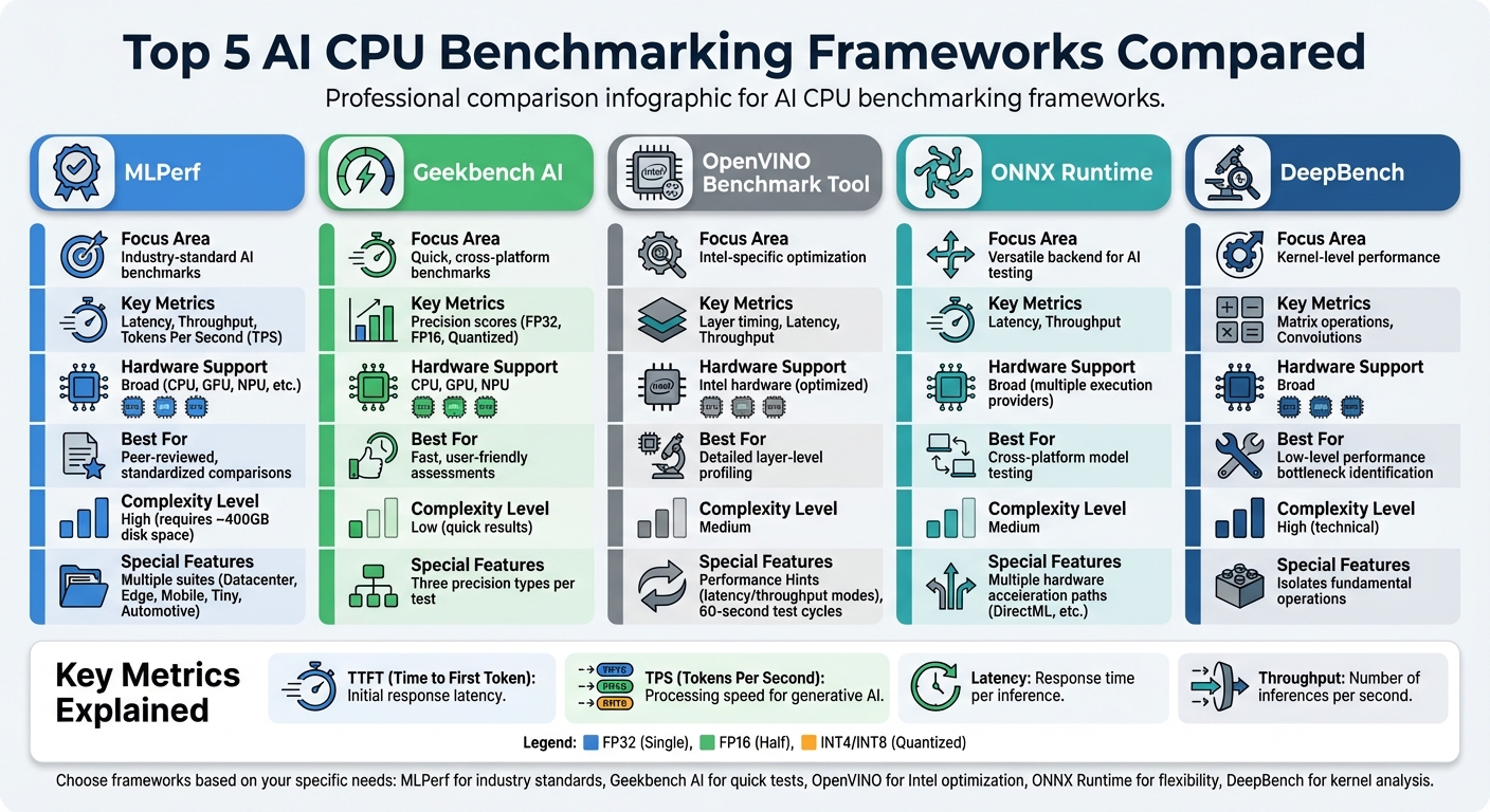 AI CPU Benchmarking Frameworks Comparison: Features, Metrics, and Hardware Support
