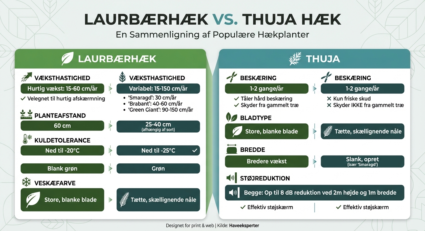 Laurbærhæk vs Thuja sammenligning: Væksthastighed, vedligeholdelse og egenskaber