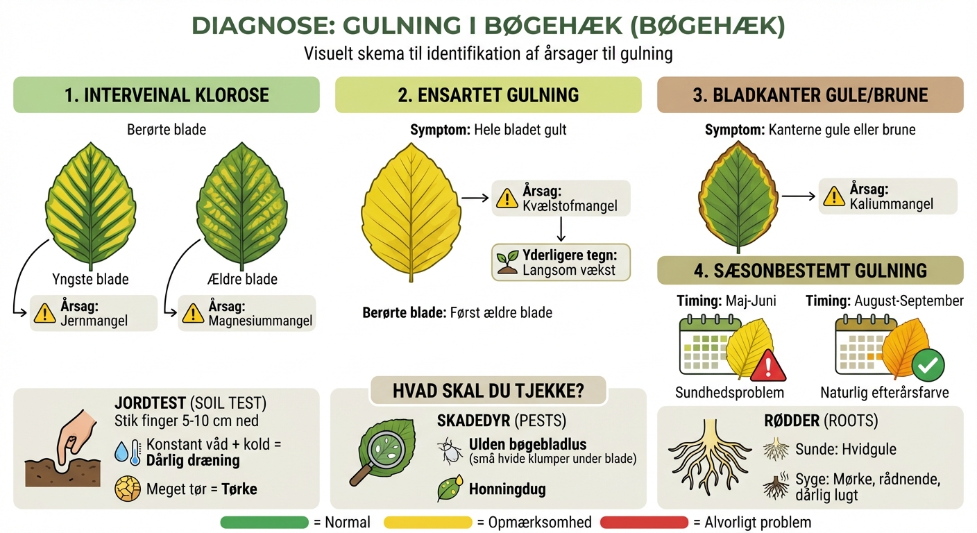 Diagnose af gulning i bøgehæk: Symptomer og årsager