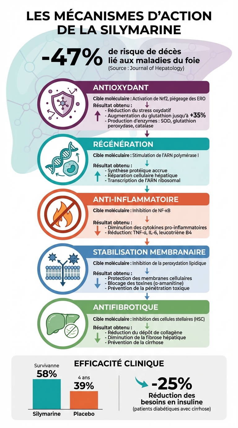 Mécanismes d'action de la silymarine sur le foie : antioxydant, régénération et anti-inflammatoire