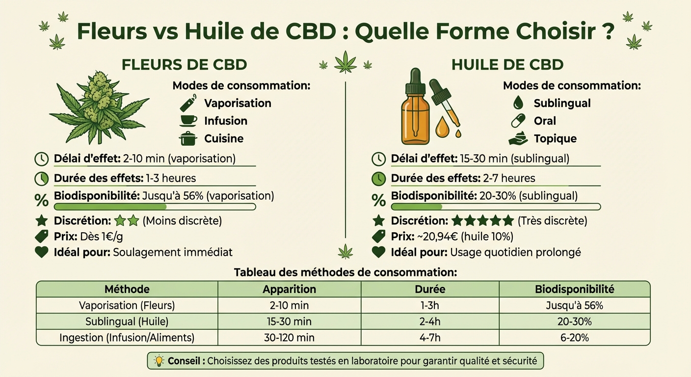 Comparaison Fleurs vs Huile de CBD : Effets, Biodisponibilité et Prix