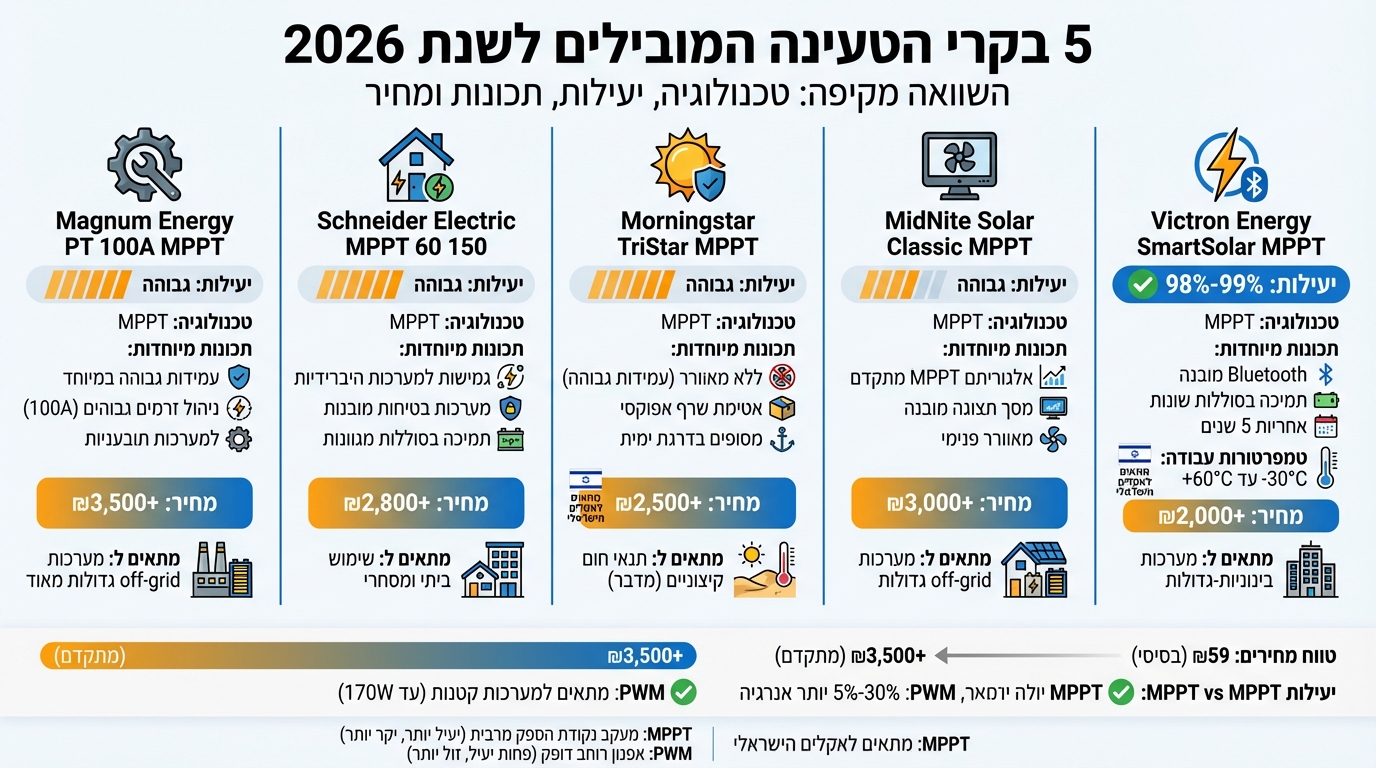 השוואת 5 בקרי טעינה סולאריים מובילים לשנת 2026 - יעילות, תכונות ומחירים