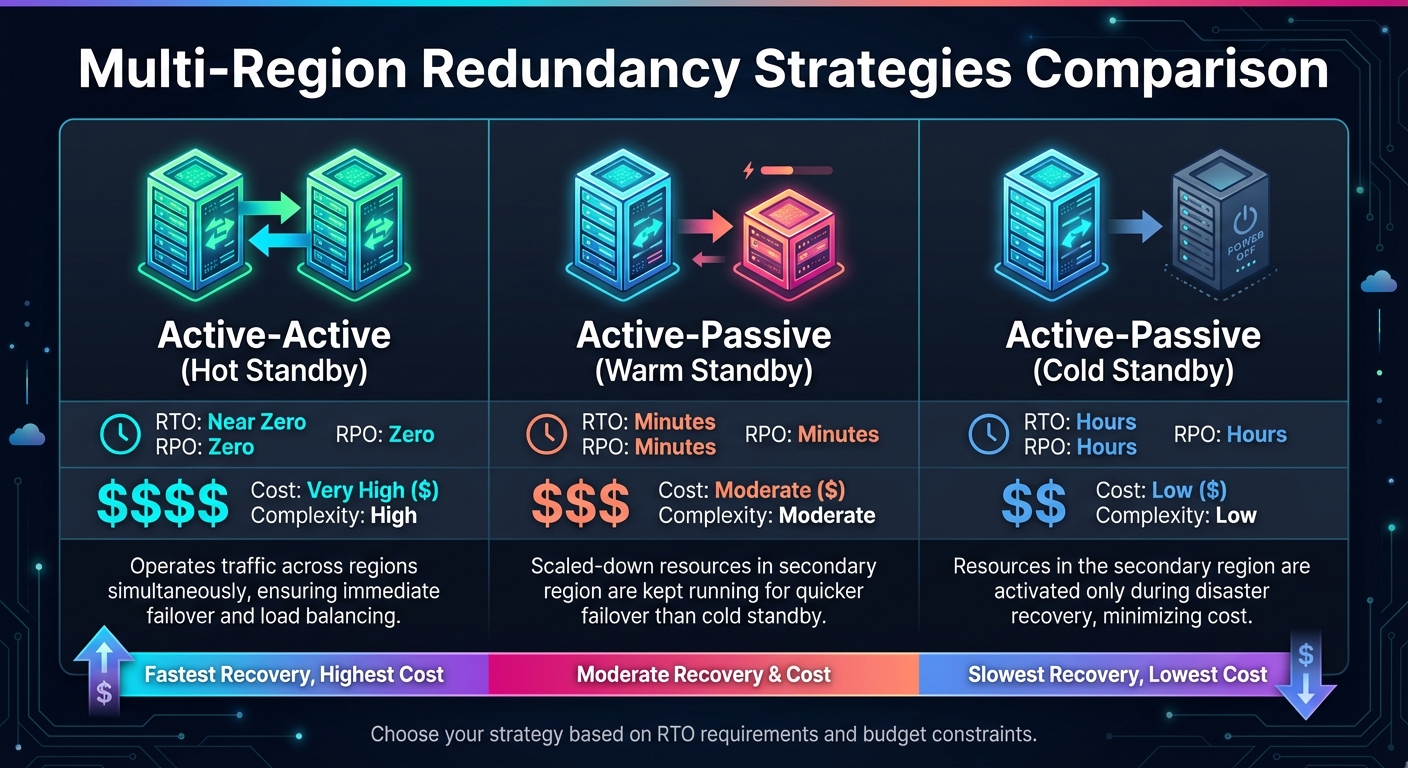 Multi-Region Redundancy Strategies: RTO, RPO, Cost and Complexity Comparison