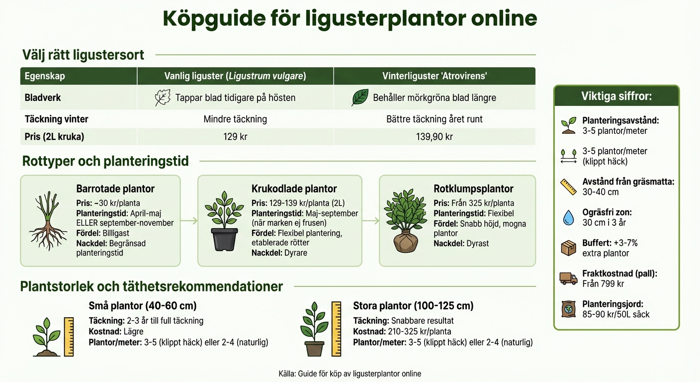Jämförelse av ligusterplantor: sorter, rottyper och kostnader